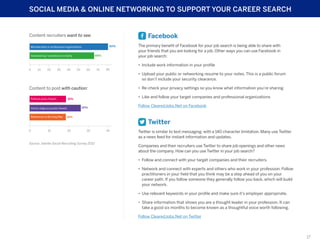 SOCIAL MEDIA & ONLINE NETWORKING TO SUPPORT YOUR CAREER SEARCH

Facebook

Content recruiters want to see:
80%

Memberships in professional organizations

66%

Volunteering / donations to charity

The primary benefit of Facebook for your job search is being able to share with
your friends that you are looking for a job. Other ways you can use Facebook in
your job search:
•	 Include work information in your profile

0

10

20

30

40

50

60

70

80

•	 Upload your public or networking resume to your notes. This is a public forum
so don’t include your security clearance.

Content to post with caution:

10

Follow ClearedJobs.Net on Facebook

26%

Overly religious poasts/tweets

0

•	 Like and follow your target companies and professional organizations

18%

Political posts/tweets

References to Burning Man

•	 Re-check your privacy settings so you know what information you’re sharing

18%

20

Twitter
30

Source: Jobvite Social Recruiting Survey 2012

40

Twitter is similar to text messaging, with a 140 character limitation. Many use Twitter
as a news feed for instant information and updates.
Companies and their recruiters use Twitter to share job openings and other news
about the company. How can you use Twitter in your job search?
•	 Follow and connect with your target companies and their recruiters.
•	 Network and connect with experts and others who work in your profession. Follow
practitioners in your field that you think may be a step ahead of you on your
career path. If you follow someone they generally follow you back, which will build
your network.
•	 Use relevant keywords in your profile and make sure it’s employer appropriate.
•	 Share information that shows you are a thought leader in your profession. It can
take a good six months to become known as a thoughtful voice worth following.
Follow ClearedJobs.Net on Twitter

17

 