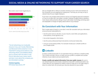 SOCIAL MEDIA & ONLINE NETWORKING TO SUPPORT YOUR CAREER SEARCH

Set up a Google alert or Yahoo to monitor mentions of your name and mentions of
the companies you are targeting for employment. That way you can stay on top of
relevant news for your target employers.

Recruiters react most negatively to:
Pictures of alcohol consumption

47%
78%

References to doing illegal drugs
Posts/tweets of a sexual nature

66%
61%

Profanity in posts/tweets
Spelling/grammar errors in posts/tweets

0

10

20

30

40

50

54%

60

If you have a very limited online presence and you are targeting high-tech employers
or if you’re an older (40+) job seeker, consider creating a Google profile to develop a
more robust online presence. Being in touch with today’s technology and being open
and adaptable to change are highly valued skills for any employer.

Be Consistent with Your Information
70

80

Source: Jobvite Social Recruiting Survey 2012

Don’t create seeds of doubt in a recruiter’s mind. Be consistent with your information
across all social media platforms.
•	 Use the same name on all sites, on your resume, cover letter, job applications,
email address, email signature, etc.
•	 Use similar biographic information.
•	 Use the same professional head-shot photo on all social media sites.

“Social networking is an invaluable
resource if you use it wisely. Maintaining
a professional online presence is very
important if using social media as a job
searching vehicle. Social Media allows
you to connect with recruiters in real
time to talk about your career search
and learn more about the company you
are interested in joining. ”
Celinda Appleby
HR Global Operations, HP

•	 Link your social media profiles. For example include your LinkedIn profile on
your Google profile.

LinkedIn
In today’s professional world, it’s an expectation that you will have a LinkedIn profile.
This is where recruiter’s focus, so make sure your profile is complete and a proper
reflection of your talents and accomplishments.
Create a profile and upload information from your public resume. Be sure to
use relevant keywords and include a headshot of yourself in professional attire. Use
civilian attire for your headshot as military uniforms imply you’re not really ready to
return to civilian work. Do not post your security clearance on your profile.

16

 