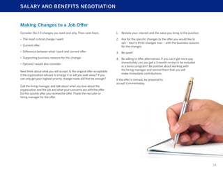 SALARY AND BENEFITS NEGOTIATION

Making Changes to a Job Offer
Consider the 1-3 changes you want and why. Then rank them.

1.	 Restate your interest and the value you bring to the position

•	 The most critical change I want:
•	 Current offer:

2.	 Ask for the specific changes to the offer you would like to
see – two to three changes max – with the business reasons
for the changes

•	 Difference between what I want and current offer:

3.	 Be quiet!

•	 Supporting business reasons for this change:

4.	 Be willing to offer alternatives. If you can’t get more pay
immediately can you get a 3 month review or be included
in a bonus program? Be positive about working with
the hiring manager and remind them that you will
make immediate contributions.

•	 Options I would also consider:
Next think about what you will accept. Is the original offer acceptable
if the organization refuses to change it or will you walk away? If you
can only get your highest priority change made will that be enough?
Call the hiring manager and talk about what you love about the
organization and the job and what your concerns are with the offer.
Do this quickly after you receive the offer. Thank the recruiter or
hiring manager for the offer.

If the offer is revised, be prepared to
accept it immediately.

24

 