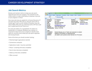 CAREER DEVELOPMENT STRATEGY

Job Search Metrics
Develop and maintain metrics to keep your job search
organized and chart your progress. Your transition to the
civilian world is a major undertaking, so keeping a close eye
on your progress is critical.
How many jobs have you applied for at General Dynamics-IT
and what were they? Who did you interview with at HP six
months ago? If you’re up for another HP position, that info
will be helpful. Who have you networked with at HP that could
put in a good word for you? And so on.
For some job seekers it’s a spreadsheet. For others it’s
handwritten in a notebook. Whatever your method, it’s
important to keep track of your progress to identify weak
spots for correction and to keep your job search organized
and moving forward.
Some of the items you should consider tracking:
•	 Potential target organizations reached
•	 Connections contacted
•	 Applications made / resumes submitted
•	 Phone / screening interviews completed
•	 Face-to-face interviews completed
•	 Follow-up interviews completed
•	 Offers received

4

 