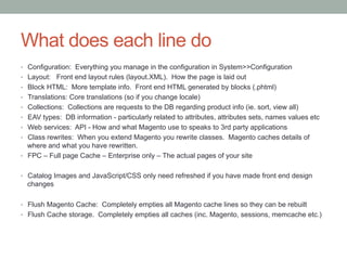 What does each line do
•  Configuration: Everything you manage in the configuration in System>>Configuration
•  Layout: Front end layout rules (layout.XML). How the page is laid out
•  Block HTML: More template info. Front end HTML generated by blocks (.phtml)
•  Translations: Core translations (so if you change locale)
•  Collections: Collections are requests to the DB regarding product info (ie. sort, view all)
•  EAV types: DB information - particularly related to attributes, attributes sets, names values etc
•  Web services: API - How and what Magento use to speaks to 3rd party applications
•  Class rewrites: When you extend Magento you rewrite classes. Magento caches details of
   where and what you have rewritten.
•  FPC – Full page Cache – Enterprise only – The actual pages of your site


•  Catalog Images and JavaScript/CSS only need refreshed if you have made front end design
  changes

•  Flush Magento Cache: Completely empties all Magento cache lines so they can be rebuilt
•  Flush Cache storage. Completely empties all caches (inc. Magento, sessions, memcache etc.)
 