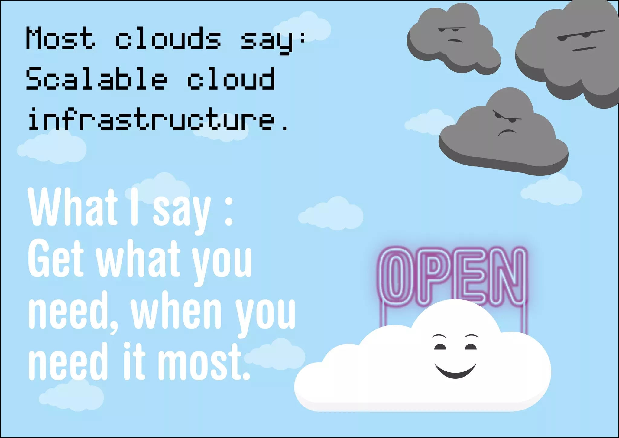 Most clouds say:
Scalable cloud
infrastructure.
What I say :
Get what you
need, when you
need it most.
 