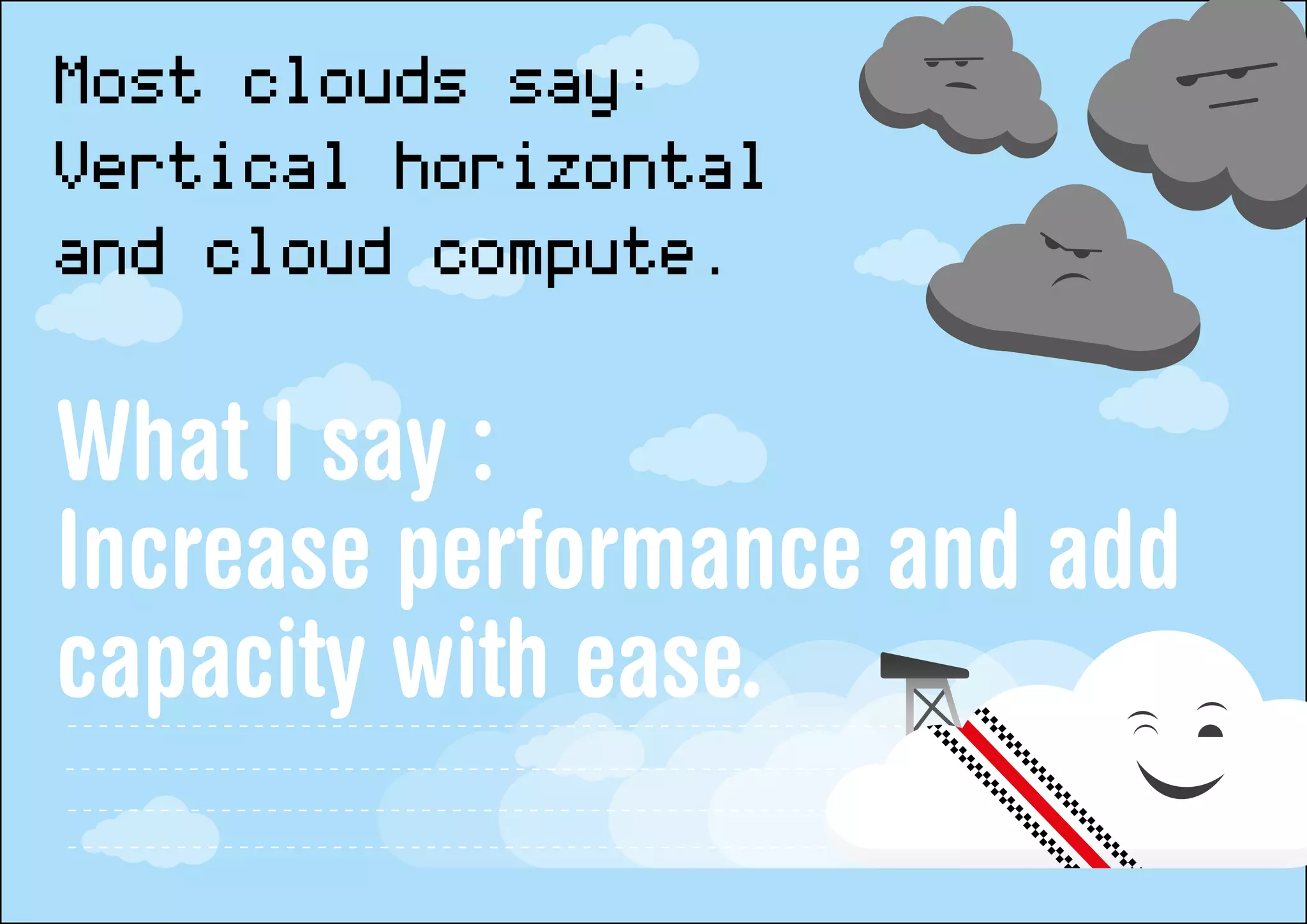 Most clouds say:
Vertical horizontal
and cloud compute.
What I say :
Increase performance and add
capacity with ease.
 