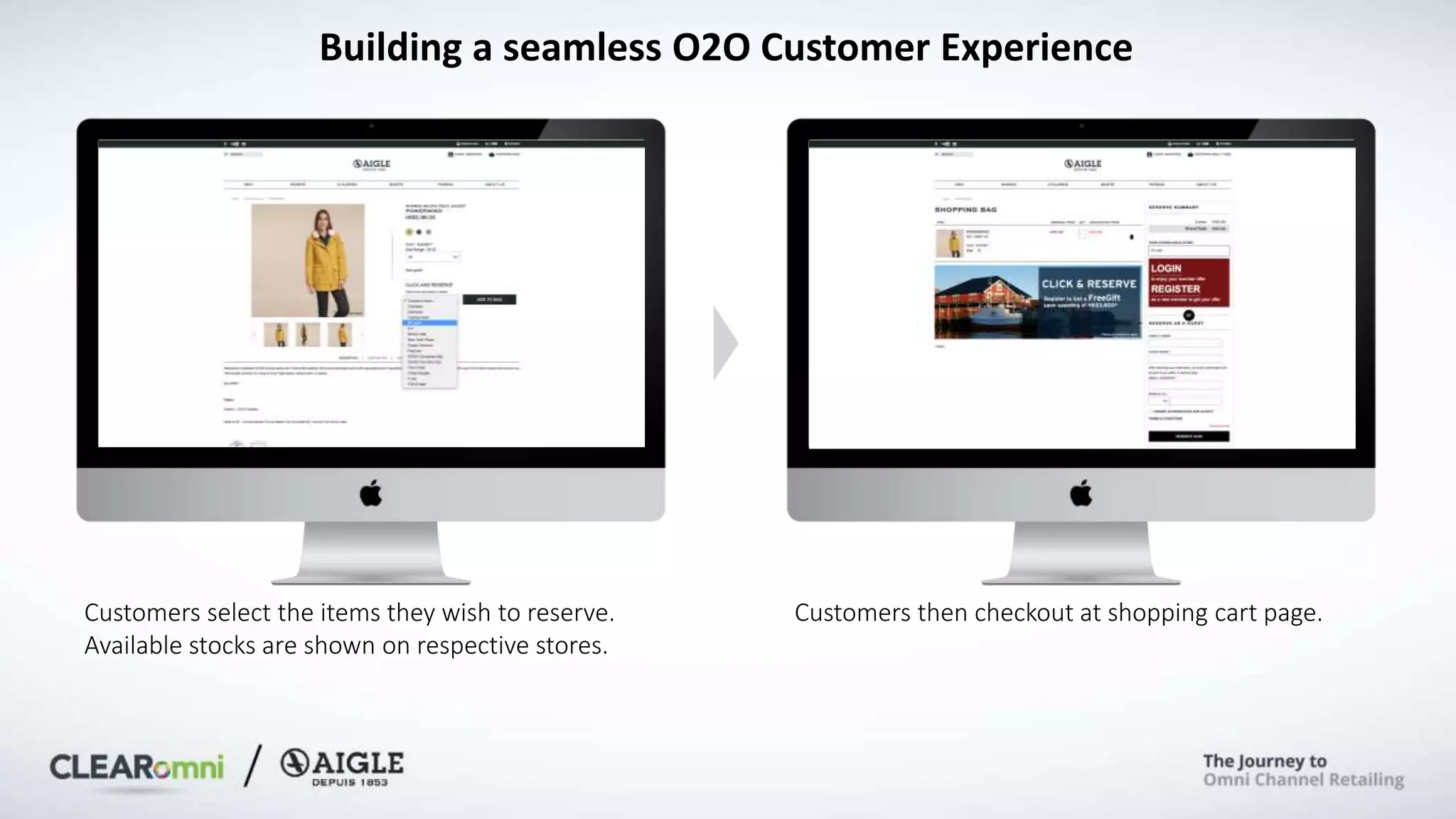 Customers select the items they wish to reserve.
Available stocks are shown on respective stores.
Customers then checkout at shopping cart page.
Building a seamless O2O Customer Experience
 