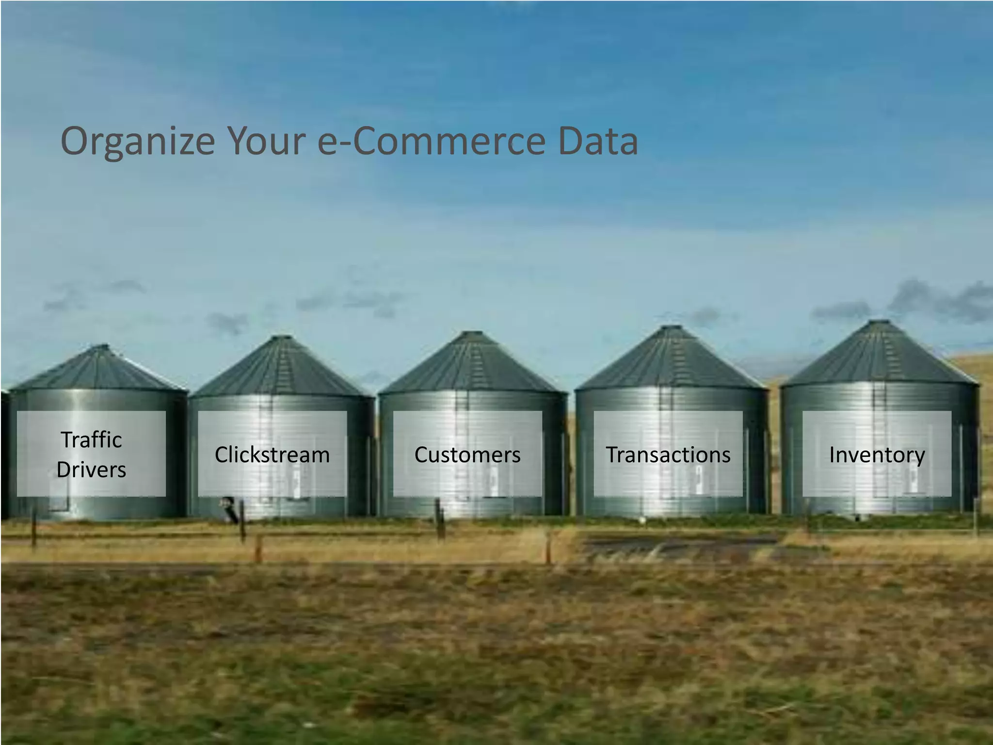 Organize Your e-Commerce Data




Traffic
          Clickstream   Customers   Transactions   Inventory
Drivers
 