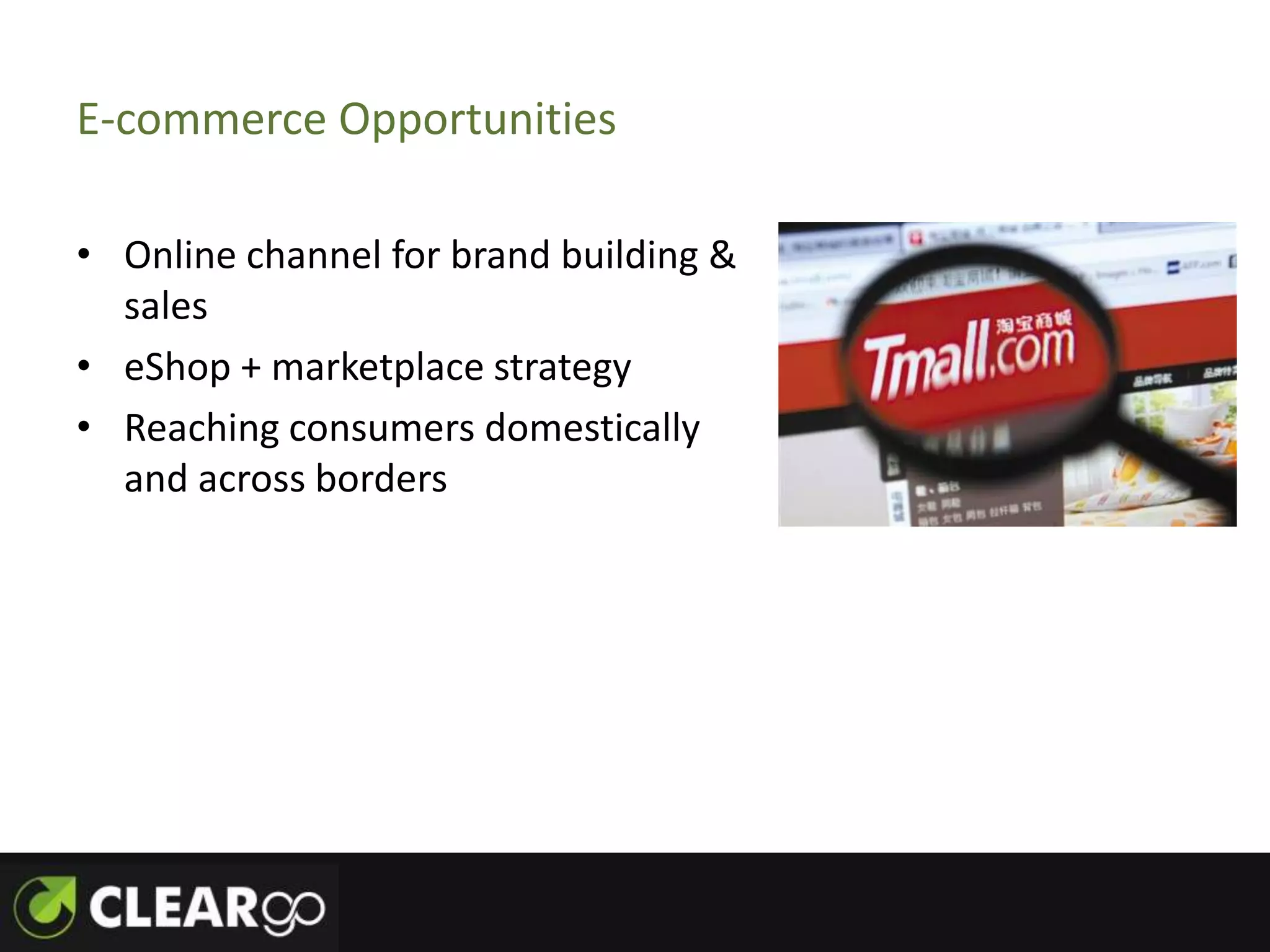 E-commerce Opportunities

• Online channel for brand building &
  sales
• eShop + marketplace strategy
• Reaching consumers domestically
  and across borders
 