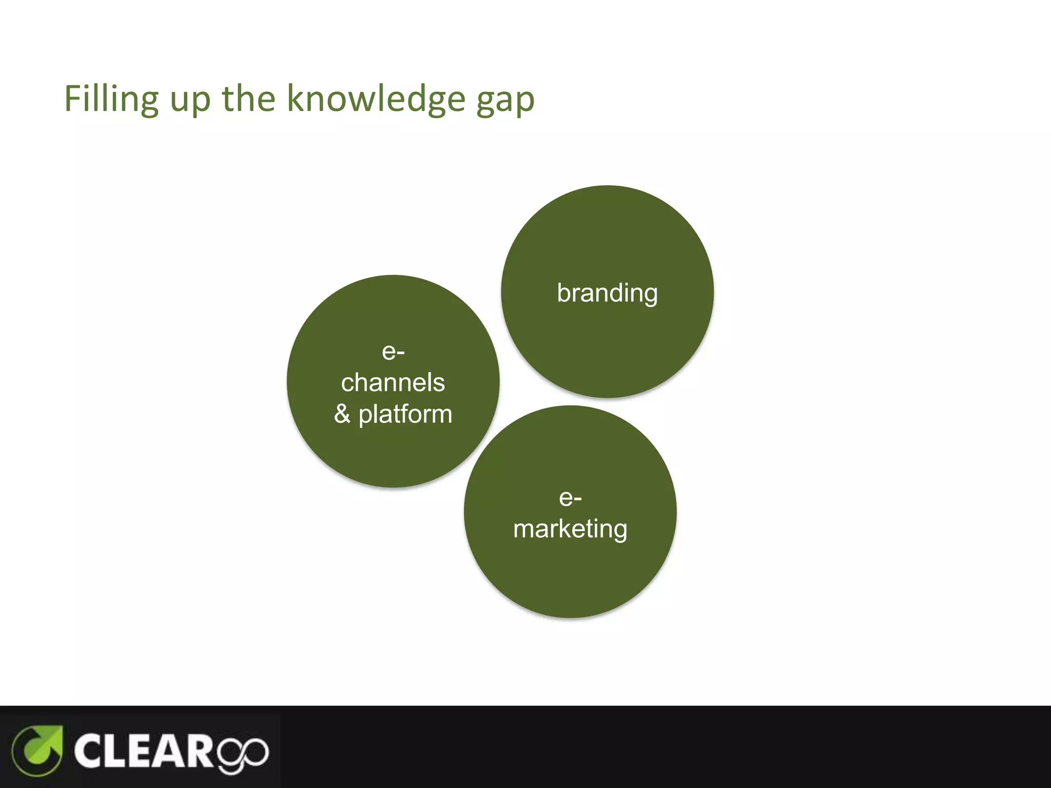 Filling up the knowledge gap



                                branding

                    e-
                channels
                & platform


                                e-
                             marketing
 
