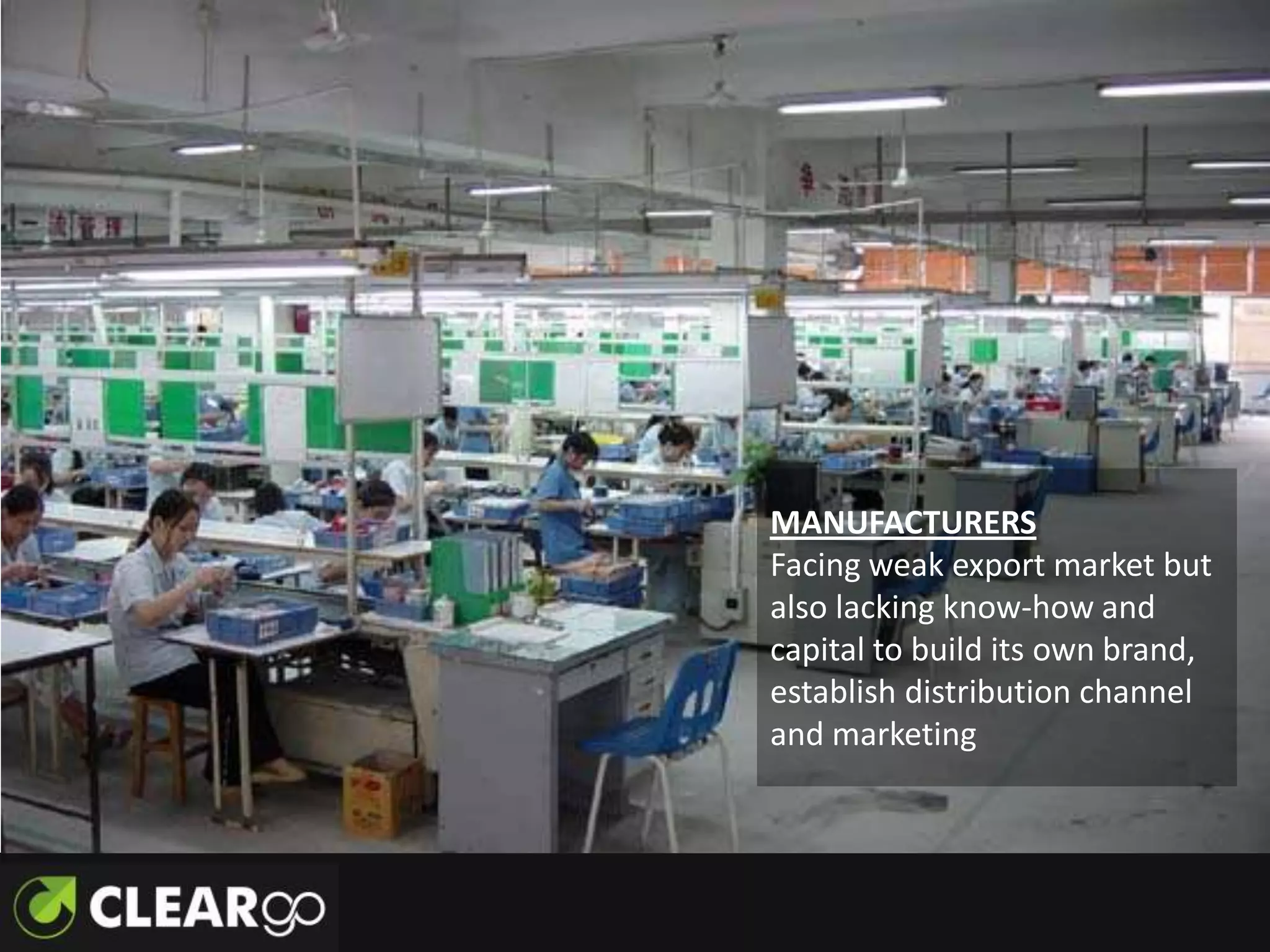 MANUFACTURERS
Facing weak export market but
also lacking know-how and
capital to build its own brand,
establish distribution channel
and marketing
 
