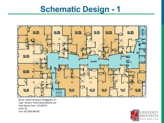 Schematic Design - 1
Name: Read’s Artspace, Bridgeport, CT
Type: Historic Preservation/Mixed-use
Total Square Feet: 115,840 SF
Units: 61
Cost: $12,000,000.00
 