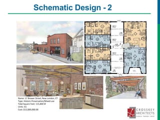 Schematic Design - 2
Name: 17 Brewer Street, New London, CT
Type: Historic Preservation/Mixed-use
Total Square Feet: 115,840 SF
Units: 61
Cost: $12,000,000.00
 