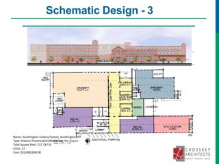 Schematic Design - 3
Name: Southington Cutlery Factory, Southington, CT
Type: Historic Preservation/Mixed-use
Total Square Feet: 237,747 SF
Units: 17
Cost: $10,000,000.00
 
