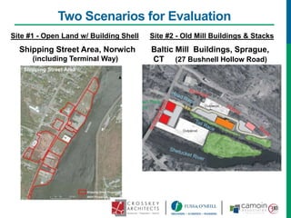 Two Scenarios for Evaluation
Site #1 - Open Land w/ Building Shell
Shipping Street Area, Norwich
(including Terminal Way)
Site #2 - Old Mill Buildings & Stacks
Baltic Mill Buildings, Sprague,
CT (27 Bushnell Hollow Road)
 