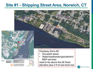 Site #1 - Shipping Street Area, Norwich, CT
Floodway Zone AE:
• Occupied space
• Water/wastewater/gas/electric/
MEP services
need to be above the AE flood
elevation plus 2 ft of sea level rise
 