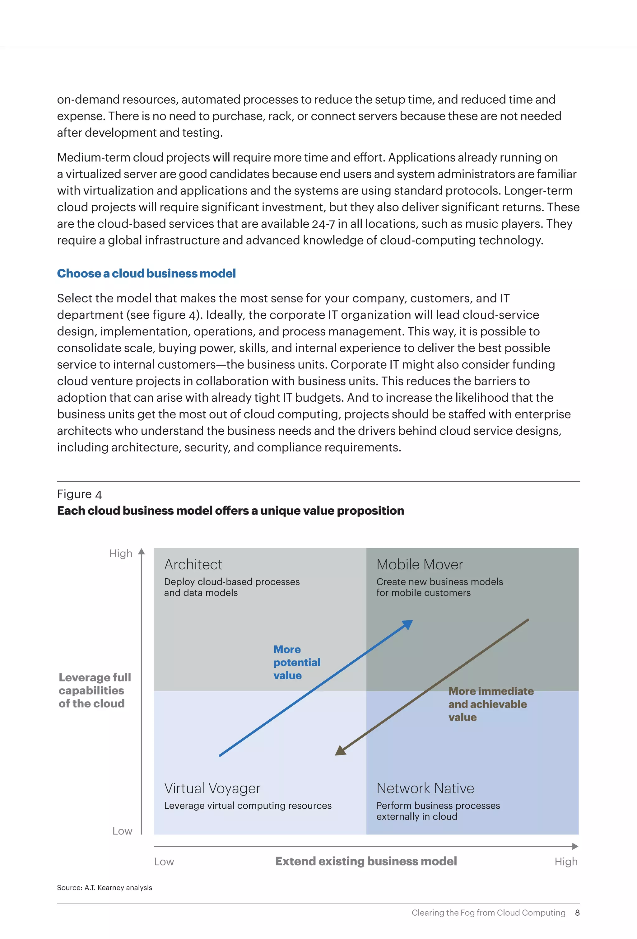 on-demand resources, automated processes to reduce the setup time, and reduced time and
expense. There is no need to purchase, rack, or connect servers because these are not needed
after development and testing.

Medium-term cloud projects will require more time and effort. Applications already running on
a virtualized server are good candidates because end users and system administrators are familiar
with virtualization and applications and the systems are using standard protocols. Longer-term
cloud projects will require significant investment, but they also deliver significant returns. These
are the cloud-based services that are available 24-7 in all locations, such as music players. They
require a global infrastructure and advanced knowledge of cloud-computing technology.

Choose a cloud business model

Select the model that makes the most sense for your company, customers, and IT
department (see figure 4). Ideally, the corporate IT organization will lead cloud-service
design, implementation, operations, and process management. This way, it is possible to
consolidate scale, buying power, skills, and internal experience to deliver the best possible
service to internal customers—the business units. Corporate IT might also consider funding
cloud venture projects in collaboration with business units. This reduces the barriers to
adoption that can arise with already tight IT budgets. And to increase the likelihood that the
business units get the most out of cloud computing, projects should be staffed with enterprise
architects who understand the business needs and the drivers behind cloud service designs,
including architecture, security, and compliance requirements.


Figure 4
Each cloud business model offers a unique value proposition


               High
                                 Architect                              Mobile Mover
                                 Deploy cloud-based processes           Create new business models
                                 and data models                        for mobile customers




                                                        More
                                                        potential
Leverage full                                           value
capabilities                                                                           More immediate
of the cloud                                                                           and achievable
                                                                                       value




                                 Virtual Voyager                        Network Native
                                 Leverage virtual computing resources   Perform business processes
                                                                        externally in cloud
                Low

                                Low                     Extend existing business model                           High

Source: A.T. Kearney analysis


                                                                               Clearing the Fog from Cloud Computing   8
 