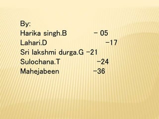 By: 
Harika singh.B - 05 
Lahari.D -17 
Sri lakshmi durga.G -21 
Sulochana.T -24 
Mahejabeen -36 
