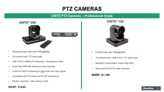 5
PTZ CAMERAS
UNITE PTZ Cameras : Professional Grade
UNITE® 200 UNITE® 150
• Enterprise-class video with 1080p@60fps
• 12x...