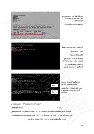 15
หากทําถูกตอง และไอพีไมซ้ํากัน
ในวงแลน จะไดคา eth1 ที่มี
status ดังรูป
หลังจากนั้นใหกดปุม Alt+F2
พิมพ username และ password
Username : root
Password : ที่ตั้งไว
(Password จะไมเห็น ไมตอง
ตกใจ ใหพิมพแลว enter ไดเลย)
จะไดบรรทัดที่ขีดเสนใตแดง
แปลวาพรอมพิมพคําสั่งถัดไป
Restart firewall โดยใชคําสั่ง
service firewall restart
และจะขึ้นคําวา Starting firewall
[OK] เปนการ Restart เปนที่
เรียบรอย
[root@system ~]# service firewall restart
starting firewall: [ OK ]
[root@system ~]#ping 192.168.1.247 << ปงเทสการเชื่อมตอไปยังเครื่องที่เปน window
หากขึ้นขอความดังกรอบสีแดงดานบน แปลวา การเชื่อมตอสําเร็จ ใหกด Ctrl + C เพื่อหยุดการปง
เสร็จสิ้นการเซตคา LAN ใหกับ Linux ผานหนาเครื่อง Linux
ping
Ctrl+C
 
