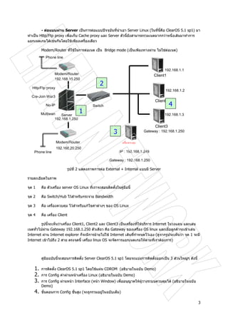 3
Switch
Modem/Router Client1
Modem/Router
Client2
Client3
IP : 192.168.1.249
Gateway : 192.168.1.250
192.168.1.1
192.168.1.2
192.168.1.3
192.168.10.250
192.168.20.250
Phone line
Phone line
Server
192.168.1.250
Gateway : 192.168.1.250
Http/Ftp proxy
Cre-Join War3
No-IP
Multiwan 1
2
3
4
- ตอแบบผาน Server เปนการตอแบบปจจุบันที่นําเอา Server Linux (ในที่นี้คือ ClearOS 5.1 sp1) มา
ทําเปน Http/Ftp proxy เพื่อเก็บ Cache proxy และ Server ตัวนี้ยังสามารถรวมเนตมากกวาหนึ่งเสนมาทําการ
แยกเนตเกมไดเชนกันโดยใชเพียงเครื่องเดียว
Modem/Router ที่ใชในการตอเนต เปน Bridge mode (เปนเพียงทางผาน ไมใชตอเนต)
รูปที่ 2 แสดงภาพการตอ External + Internal แบบมี Server
รายละเอียดในภาพ
จุด 1 คือ ตัวเครื่อง server OS Linux ที่เราจะสอนติดตั้งในคูมือนี้
จุด 2 คือ Switch/Hub ไวสําหรับกระจาย Bandwidth
จุด 3 คือ เครื่องควบคุม ไวสําหรับแกไขคาตางๆ ของ OS Linux
จุด 4 คือ เครื่อง Client
รูปนี้จะเห็นวาเครื่อง Client1, Client2 และ Client3 เปนเครื่องที่ใหบริการ Internet ในวงแลน และเลน
เนตทั่วไปผาน Gateway 192.168.1.250 ตัวเดียว คือ Gateway ของเครื่อง OS linux และเมื่อลูกคาจะเขาเลน
Internet ผาน Internet explorer ก็จะมีการยายไปใช Internet เสนที่กําหนดไวเอง (ดูจากรูปจะเห็นวา จุด 1 จะมี
Internet เขาไปถึง 2 สาย ตรงจุดนี้ เครื่อง linux OS จะจัดการแยกเนตเกมใหตามที่เราตองการ)
คูมือฉบับนี้จะสอนการติดตั้ง Server ClearOS 5.1 sp1 โดยจะแบงการติดตั้งออกเปน 3 สวนใหญๆ ดังนี้
1. การติดตั้ง ClearOS 5.1 sp1 โดยใชแผน CDROM (อธิบายในฉบับ Demo)
2. การ Config คาผานหนาเครื่อง Linux (อธิบายในฉบับ Demo)
3. การ Config ผานหนา Interface (หนา Window) เพื่ออนุญาตใหผูวางระบบควบคุมได (อธิบายในฉบับ
Demo)
4. ขั้นตอนการ Config ชั้นสูง (จะถูกรวมอยูในฉบับเต็ม)
 