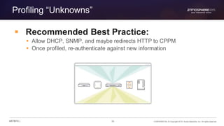36 CONFIDENTIAL © Copyright 2015. Aruba Networks, Inc. All rights reserved#ATM15 |
Profiling “Unknowns”
 Recommended Best Practice:
 Allow DHCP, SNMP, and maybe redirects HTTP to CPPM
 Once profiled, re-authenticate against new information
 