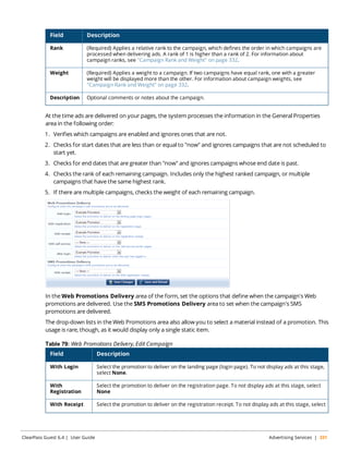 Field Description 
Rank (Required) Applies a relative rank to the campaign, which defines the order in which campaigns are 
processed when delivering ads. A rank of 1 is higher than a rank of 2. For information about 
campaign ranks, see "Campaign Rank and Weight" on page 332. 
Weight (Required) Applies a weight to a campaign. If two campaigns have equal rank, one with a greater 
weight will be displayed more than the other. For information about campaign weights, see 
"Campaign Rank and Weight" on page 332. 
Description Optional comments or notes about the campaign. 
At the time ads are delivered on your pages, the system processes the information in the General Properties 
area in the following order: 
1. Verifies which campaigns are enabled and ignores ones that are not. 
2. Checks for start dates that are less than or equal to "now" and ignores campaigns that are not scheduled to 
start yet. 
3. Checks for end dates that are greater than "now" and ignores campaigns whose end date is past. 
4. Checks the rank of each remaining campaign. Includes only the highest ranked campaign, or multiple 
campaigns that have the same highest rank. 
5. If there are multiple campaigns, checks the weight of each remaining campaign. 
In the Web Promotions Delivery area of the form, set the options that define when the campaign's Web 
promotions are delivered. Use the SMS Promotions Delivery area to set when the campaign's SMS 
promotions are delivered. 
The drop-down lists in the Web Promotions area also allow you to select a material instead of a promotion. This 
usage is rare, though, as it would display only a single static item. 
Table 79: Web Promotions Delivery, Edit Campaign 
Field Description 
With Login Select the promotion to deliver on the landing page (login page). To not display ads at this stage, 
select None. 
With 
Registration 
Select the promotion to deliver on the registration page. To not display ads at this stage, select 
None 
With Receipt Select the promotion to deliver on the registration receipt. To not display ads at this stage, select 
ClearPass Guest 6.4 | User Guide Advertising Services | 331 
 