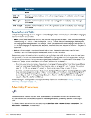 Field Description 
None 
With Self- 
Service 
Select the promotion to deliver on the self-service portal pages. To not display ads at this stage, 
select None 
After Login Select the promotion to deliver when the user has logged in. To not display ads at this stage, 
select None 
With Receipt Select the promotion to deliver on the SMS registration receipt. To not display ads at this stage, 
select None 
Campaign Rank and Weight 
Each advertising campaign must be assigned a rank and weight. These numbers let you balance how campaigns 
are chosen relative to each other. 
l Rank—This number determines which of the available campaigns will be used. A lower number has a higher 
rank or priority, so a rank of 1 takes priority over a rank of 2. When the available campaigns are compared, 
the campaign with the highest rank (for example, rank = 1) is used and the other campaigns are ignored. To 
use multiple campaigns at the same time, they must have the same rank; they will be dropped if they have a 
lower rank. 
l Weight—When multiple campaigns of equal rank are used, the weight determines how often each 
campaign's ads should be displayed relative to ads from the other campaigns. 
Suppose you have multiple advertising campaigns that are defined to provide ads at the same time and stage. 
You can modify the rank to ensure that ads are displayed from the campaigns in the order you want. You can 
modify the weight to ensure that, on average, more ads are displayed from campaigns with higher weight. The 
frequency of display is determined by the ratio of each weight to the total weights. 
n Example: Assume two campaigns of equal rank. If campaign A has a weight of 10, and campaign B has a 
weight of 5, campaign A's ads will be shown twice as often as campaign B's ads. To look at this another 
way, 10 + 5 = 15, and campaign A's ads will be shown, on average, 10 out of every 15 times. 
n Example: Assume three campaigns of equal rank. Campaign A has a weight of 2, campaign B has a weight 
of 3, and campaign C has a weight of 5. These numbers add up to 10, so on average, campaign A will be 
shown 2 out of every 10 times, campaign B would be shown 3 out of every 10 times, and campaign C 
would be shown 5 out of every 10 times. 
Ranks and weights are assigned to campaigns when they are created or edited. See "Creating and Editing 
Advertising Campaigns" on page 329. 
Advertising Promotions 
Promotions define rules for how and when advertisements are delivered and what materials should be 
included. Promotions can also be configured to use intelligent delivery, presenting relevant advertising to 
users. 
To create and work with advertising promotions, go to Configuration > Advertising > Promotions. The 
Advertising Promotions list view opens. 
332 | Advertising Services ClearPass Guest 6.4 | User Guide 
 
