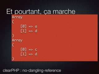 Et pourtant, ça marche
Array
(
[0] => a
[1] => d
)
Array
(
[0] => c
[1] => d
)
clearPHP : no-dangling-reference
 