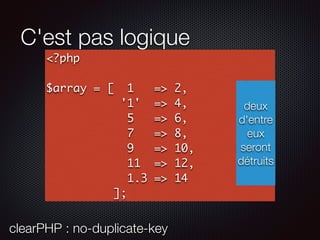 C'est pas logique
<?php
$array = [ 1 => 2,
'1' => 4,
5 => 6,
7 => 8,
9 => 10,
11 => 12,
1.3 => 14
];
deux
d'entre
eux
seront
détruits
clearPHP : no-duplicate-key
 