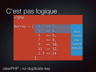 C'est pas logique
<?php
$array = [ 1 => 2,
'1' => 4,
5 => 6,
7 => 8,
9 => 10,
11 => 12,
1.3 => 14
];
deux
d'entre
eux
seront
détruits
clearPHP : no-duplicate-key
 