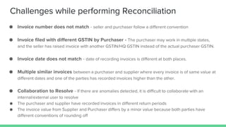 Challenges while performing Reconciliation
● Invoice number does not match - seller and purchaser follow a different convention
● Invoice filed with different GSTIN by Purchaser - The purchaser may work in multiple states,
and the seller has raised invoice with another GSTIN/HQ GSTIN instead of the actual purchaser GSTIN.
● Invoice date does not match - date of recording invoices is different at both places.
● Multiple similar invoices between a purchaser and supplier where every invoice is of same value at
different dates and one of the parties has recorded invoices higher than the other.
● Collaboration to Resolve - If there are anomalies detected, it is difficult to collaborate with an
internal/external user to resolve
● The purchaser and supplier have recorded invoices in different return periods
● The invoice value from Supplier and Purchaser differs by a minor value because both parties have
different conventions of rounding off
 