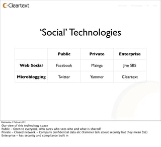 Enterprise - Microblogging - IM - Email




                             ‘Social’ Technologies
                                       Public                Private              Enterprise

                   Web Social         Facebook                Mzinga                  Jive SBS

                Microblogging          Twitter               Yammer                 Cleartext




Wednesday, 2 February 2011

Our view of this technology space
Public - Open to everyone, who cares who sees who and what is shared?
Private - Closed network - Company conﬁdential data etc (Yammer talk about security but they mean SSL)
Enterprise - has security and compliance built in
 