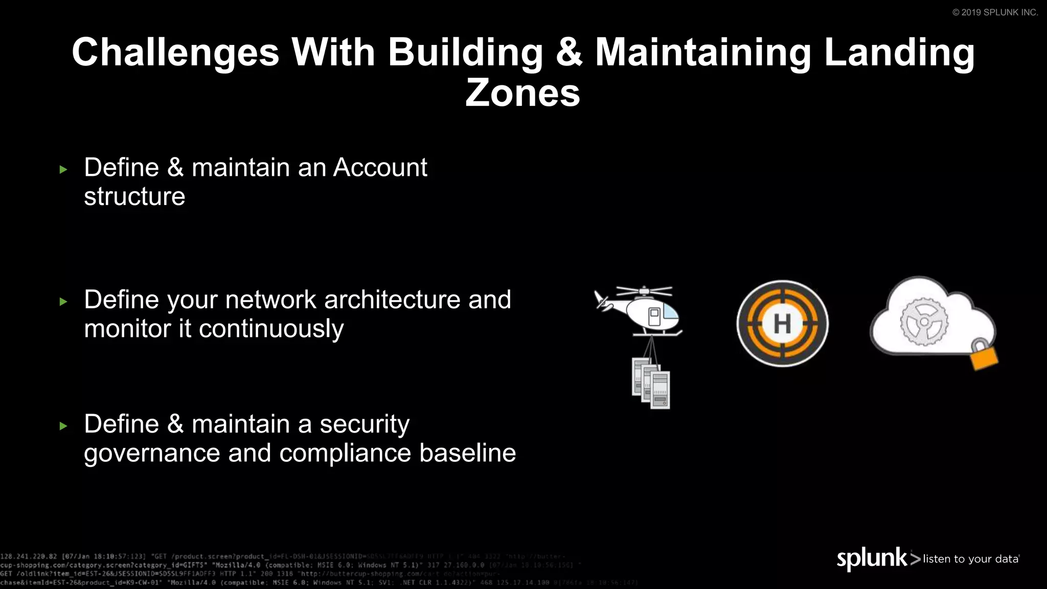 © 2019 SPLUNK INC.
Challenges With Building & Maintaining Landing
Zones
▶ Define & maintain an Account
structure
▶ Define your network architecture and
monitor it continuously
▶ Define & maintain a security
governance and compliance baseline Migrate Land Operate &
Optimize
 
