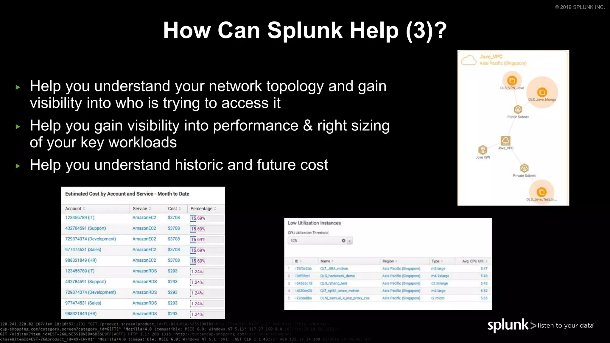 © 2019 SPLUNK INC.
How Can Splunk Help (3)?
▶ Help you understand your network topology and gain
visibility into who is trying to access it
▶ Help you gain visibility into performance & right sizing
of your key workloads
▶ Help you understand historic and future cost
 
