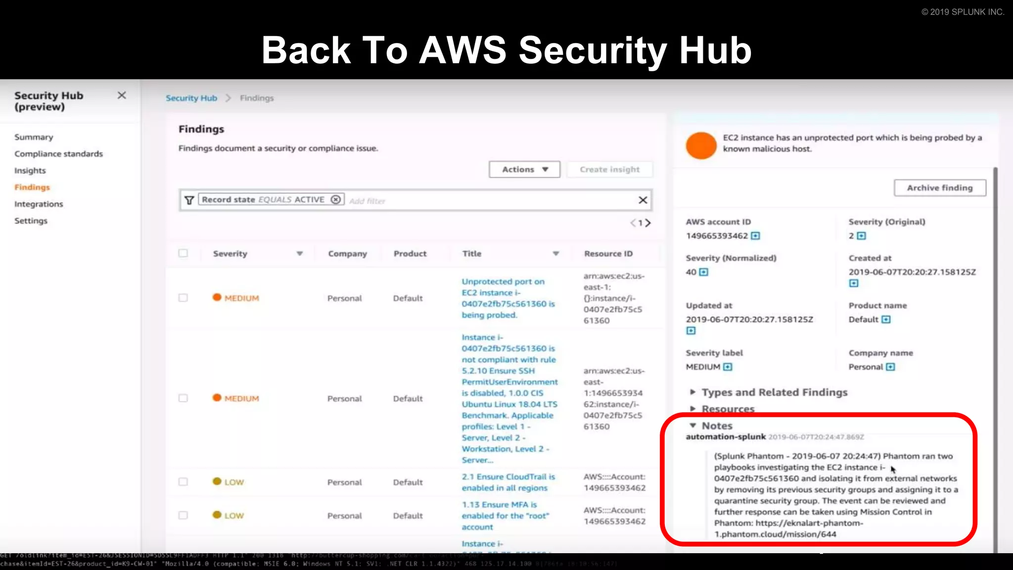 © 2019 SPLUNK INC.
Back To AWS Security Hub
 