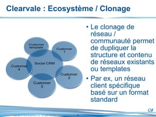 Clearvale : Ecosystème / Clonage Le clonage de réseau / communauté permet de dupliquer la structure et contenu de réseaux existants ou templates Par ex, un réseau client spécifique basé sur un format standard 
