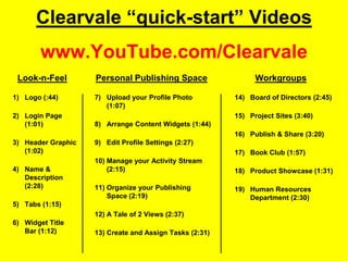 Clearvale “quick-start” Videoswww.YouTube.com/Clearvale Look-n-Feel Personal Publishing Space Workgroups Logo (:44) Login Page (1:01) Header Graphic (1:02) Name & Description (2:28) Tabs (1:15) Widget Title Bar (1:12) Upload your Profile Photo  (1:07) Arrange Content Widgets (1:44) Edit Profile Settings (2:27) Manage your Activity Stream (2:15) Organize your Publishing Space (2:19) A Tale of 2 Views (2:37) Create and Assign Tasks (2:31) Board of Directors (2:45) Project Sites (3:40) Publish & Share (3:20) Book Club (1:57) Product Showcase (1:31) Human Resources Department (2:30) 