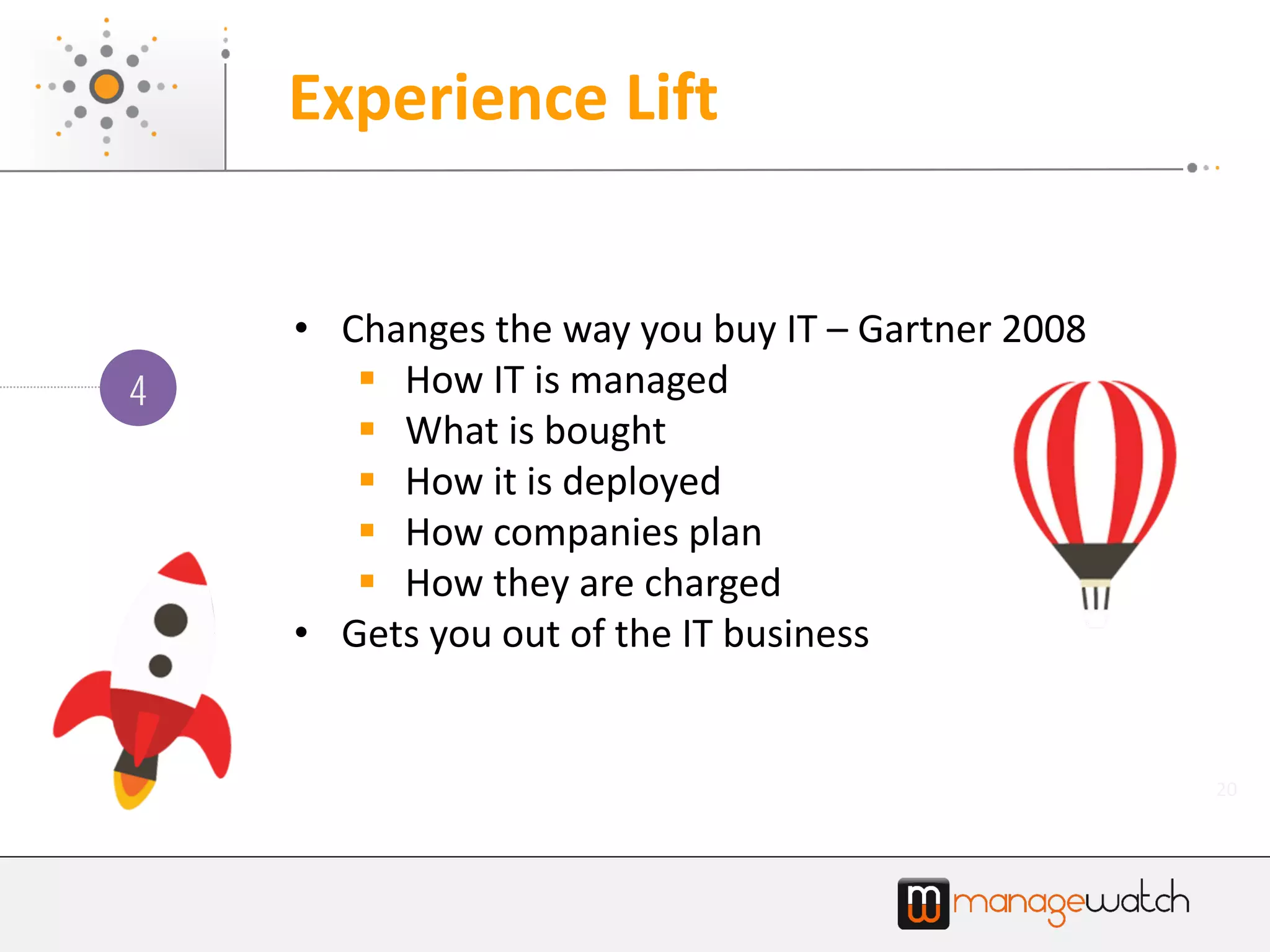 20
Experience Lift
• Changes the way you buy IT – Gartner 2008
 How IT is managed
 What is bought
 How it is deployed
 How companies plan
 How they are charged
• Gets you out of the IT business
4
 