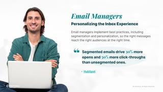 © 2024 ClearVoice. All Rights Reserved.
Email Managers
Personalizing the Inbox Experience
Email managers implement best practices, including
segmentation and personalization, so the right messages
reach the right audiences at the right time.
© ClearVoice. All Rights Reserved.
Segmented emails drive 30% more
opens and 50% more click-throughs
than unsegmented ones.
“
- HubSpot
 