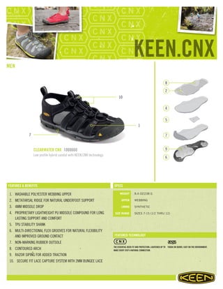 FEATURED TECHNOLOGY
SPECSFEATURES & BENEFITS
WEIGHT
UPPER
LINING
SIZE RANGE
MEN
CLEARWATER CNX 1008660
Low profile hybrid sandal with KEEN.CNX technology.
1. WASHABLE POLYESTER WEBBING UPPER
2. METATARSAL RIDGE FOR NATURAL UNDERFOOT SUPPORT
3. 4MM MIDSOLE DROP
4. PROPRIETARY LIGHTWEIGHT PU MIDSOLE COMPOUND FOR LONG
LASTING SUPPORT AND COMFORT
5. TPU STABILITY SHANK
6. MULTI-DIRECTIONAL FLEX GROOVES FOR NATURAL FLEXIBILITY
AND IMPROVED GROUND CONTACT
7. NON-MARKING RUBBER OUTSOLE
8. CONTOURED ARCH
9. RAZOR SIPING FOR ADDED TRACTION
10. SECURE FIT LACE CAPTURE SYSTEM WITH 2MM BUNGEE LACE
8.4 OZ/238 G
WEBBING
SYNTHETIC
SIZES 7-15 (1/2 THRU 12)
THE ESSENTIAL KEEN FIT AND PROTECTION, LIGHTENED UP TO
MAKE EVERY STEP A NATURAL CONNECTION.
TOUGH ON ODORS. EASY ON THE ENVIRONMENT.
1
8
4
5
2
7
10
7
9
6
 