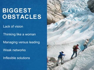 BIGGEST
OBSTACLES
Lack of vision

Thinking like a woman

Managing versus leading

Weak networks

Inflexible solutions
 