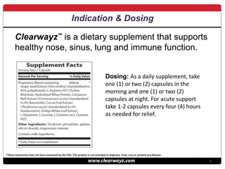 3
Clearwayz™ is a dietary supplement that supports
healthy nose, sinus, lung and immune function.
Indication & Dosing
Dosi...