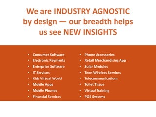 We are INDUSTRY AGNOSTIC
by design — our breadth helps
    us see NEW INSIGHTS

 • Consumer Software     • Phone Accessories
 • Electronic Payments   • Retail Merchandising App
 • Enterprise Software   • Solar Modules
 • IT Services           • Teen Wireless Services
 • Kids Virtual World    • Telecommunications
 • Mobile Apps           • Toilet Tissue
 • Mobile Phones         • Virtual Training
 • Financial Services    • POS Systems
 