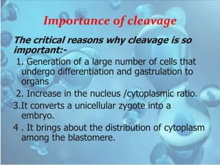 Importance of cleavage
The critical reasons why cleavage is so
important:-
1. Generation of a large number of cells that
undergo differentiation and gastrulation to
organs
2. Increase in the nucleus /cytoplasmic ratio.
3.It converts a unicellular zygote into a
embryo.
4 . It brings about the distribution of cytoplasm
among the blastomere.
 