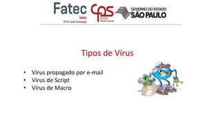 Tipos de Vírus
• Vírus propagado por e-mail
• Vírus de Script
• Vírus de Macro
 