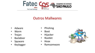 Outros Mallwares
• Adware
• Worm
• Trojan
• Backdoor
• Spyware
• Keylogger
• Phishing
• Boot
• Hijacker
• Rootkit
• Hoax
• Ramsomware
 