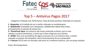 Top 5 – Antivírus Pagos 2017
1 - Kaspersky: Já é tradição ele ser o melhor colocado no resultado geral.
2 - Bitdefender: Empatado com o Kaspersky, o Bitdefender obteve boas notas,
principalmente no quesito de tempo real.
3 - ThreatTrack Vipre: Um antivírus não muito conhecido no Brasil, com ar mais
voltado a usuários domésticos, é assim que o Vipre chega aos seus clientes.
4 - AVIRA: Teve uma ascendência de alguns anos para cá, é um antivírus leve, o melhor
colocado no quesito não atrapalhar o bom funcionamento do seu computador.
5 - F-Secure: Há 25 anos no mercado, está entre os 5 melhores antivírus, com um preço razoável.
Fonte: AV-Comparatives
Categorias: Proteção real, Performance, Teste de falsos positivos, Detecção em arquivos
 