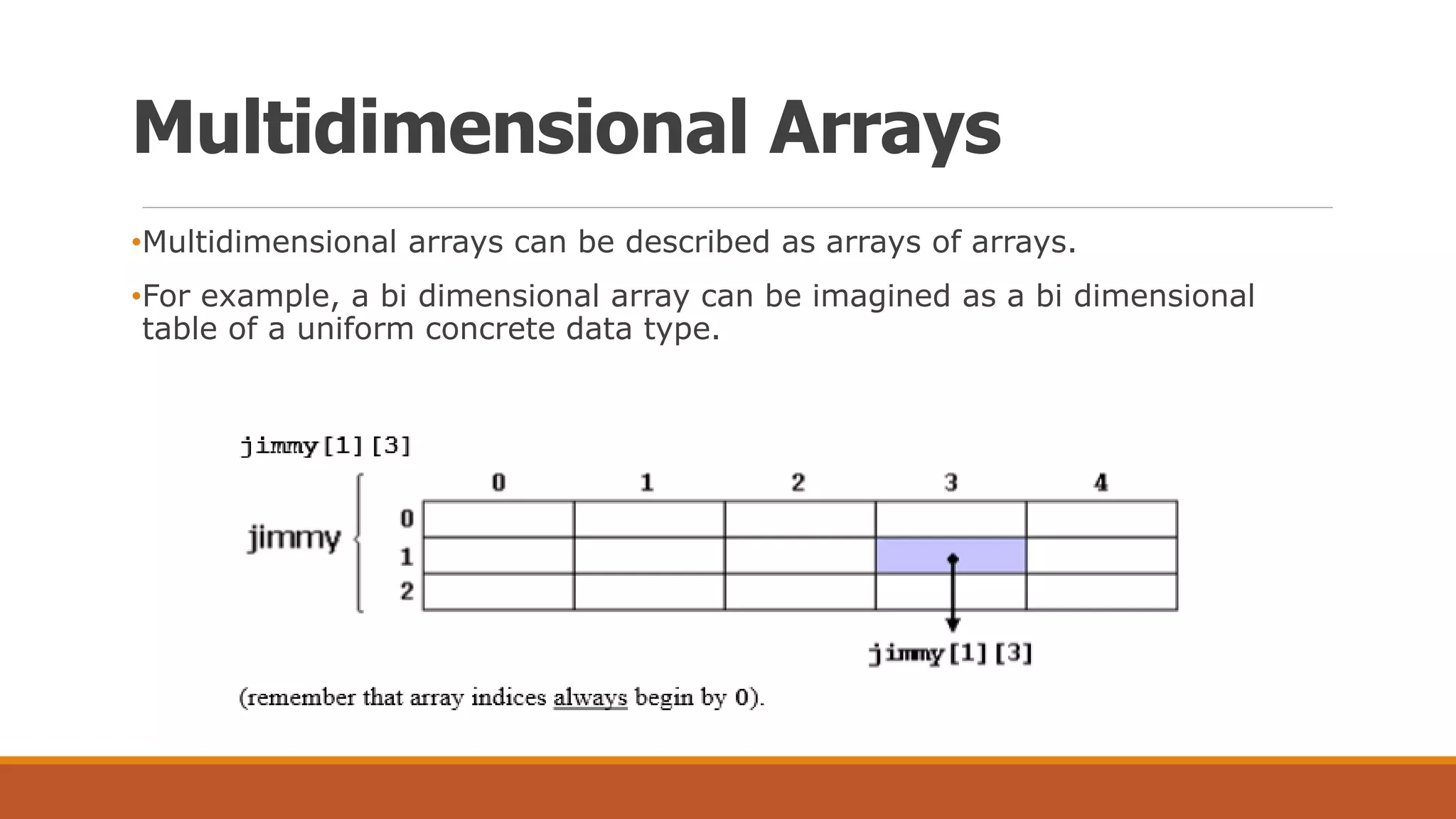 Multidimensional Arrays
•Multidimensional arrays can be described as arrays of arrays.
•For example, a bi dimensional array can be imagined as a bi dimensional
table of a uniform concrete data type.
 
