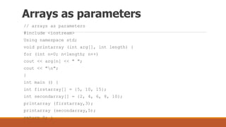 Arrays as parameters
// arrays as parameters
#include <iostream>
Using namespace std;
void printarray (int arg[], int length) {
for (int n=0; n<length; n++)
cout << arg[n] << " ";
cout << "n";
}
int main () {
int firstarray[] = {5, 10, 15};
int secondarray[] = {2, 4, 6, 8, 10};
printarray (firstarray,3);
printarray (secondarray,5);
return 0; }
 