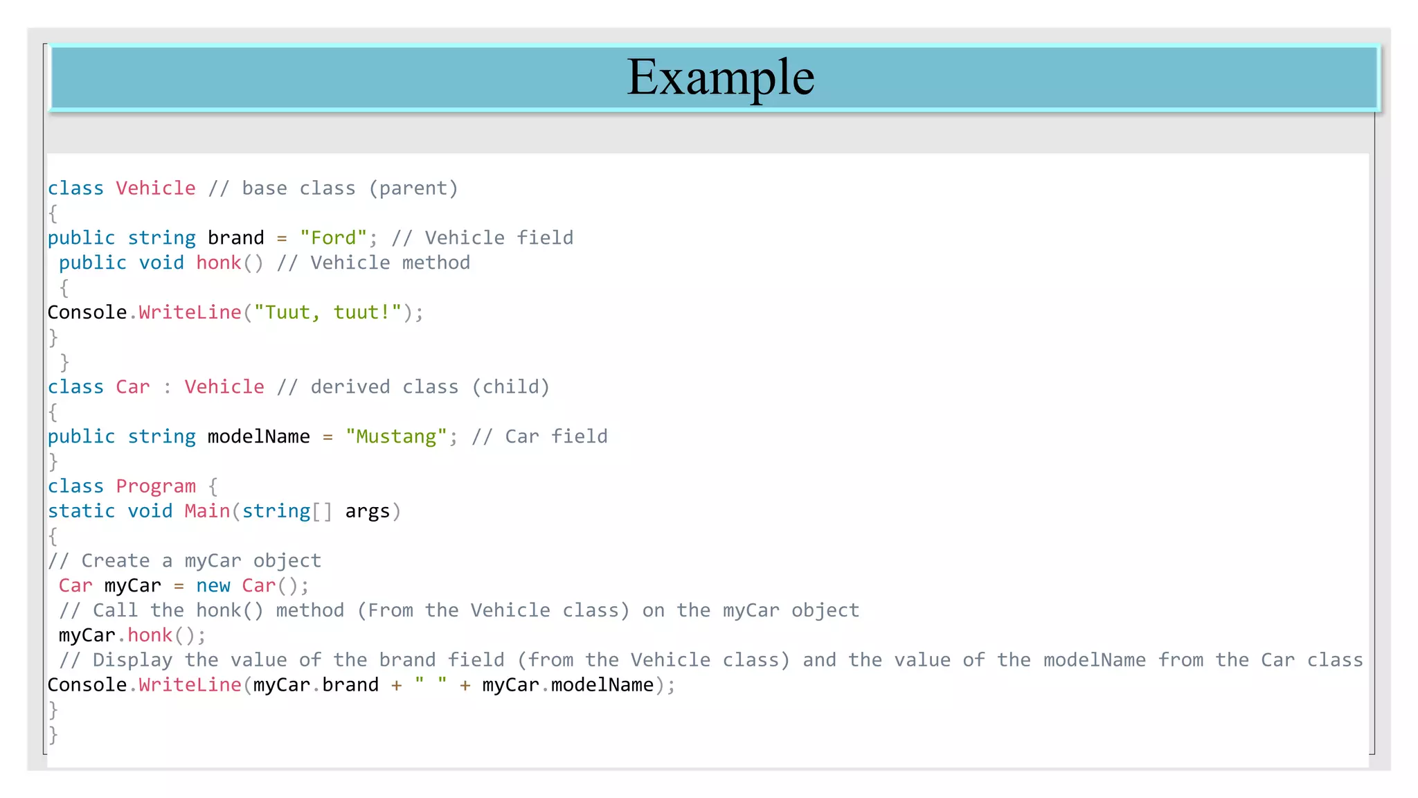 Example
class Vehicle // base class (parent)
{
public string brand = "Ford"; // Vehicle field
public void honk() // Vehicle method
{
Console.WriteLine("Tuut, tuut!");
}
}
class Car : Vehicle // derived class (child)
{
public string modelName = "Mustang"; // Car field
}
class Program {
static void Main(string[] args)
{
// Create a myCar object
Car myCar = new Car();
// Call the honk() method (From the Vehicle class) on the myCar object
myCar.honk();
// Display the value of the brand field (from the Vehicle class) and the value of the modelName from the Car class
Console.WriteLine(myCar.brand + " " + myCar.modelName);
}
}
 