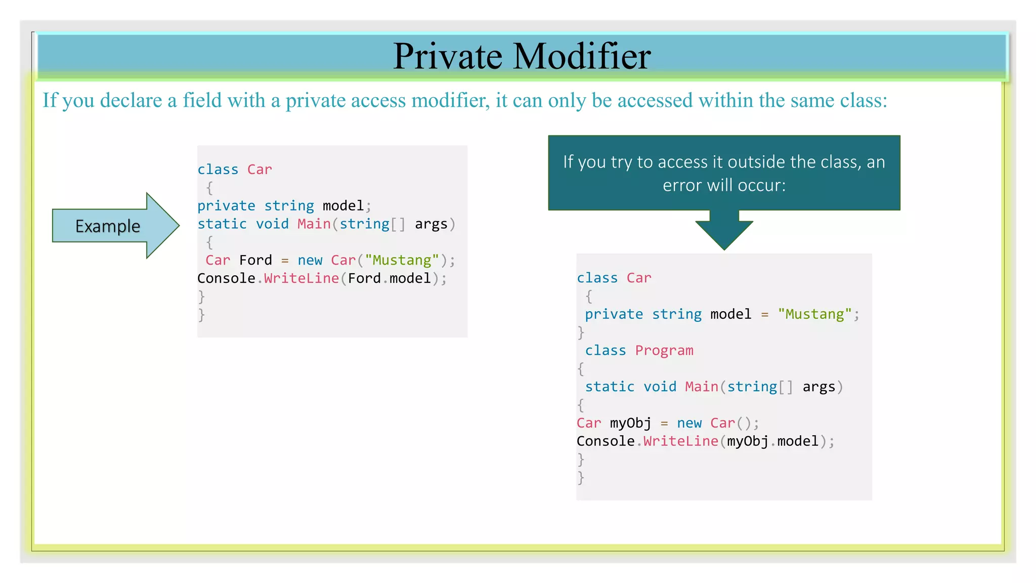 Private Modifier
If you declare a field with a private access modifier, it can only be accessed within the same class:
class Car
{
private string model;
static void Main(string[] args)
{
Car Ford = new Car("Mustang");
Console.WriteLine(Ford.model);
}
}
Example
If you try to access it outside the class, an
error will occur:
class Car
{
private string model = "Mustang";
}
class Program
{
static void Main(string[] args)
{
Car myObj = new Car();
Console.WriteLine(myObj.model);
}
}
 