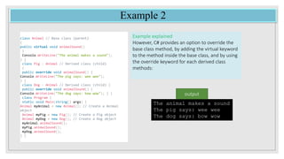 Example 2
Example explained
However, C# provides an option to override the
base class method, by adding the virtual keyword
to the method inside the base class, and by using
the override keyword for each derived class
methods:
The animal makes a sound
The pig says: wee wee
The dog says: bow wow
output
class Animal // Base class (parent)
{
public virtual void animalSound()
{
Console.WriteLine("The animal makes a sound");
} }
class Pig : Animal // Derived class (child)
{
public override void animalSound() {
Console.WriteLine("The pig says: wee wee");
} }
class Dog : Animal // Derived class (child) {
public override void animalSound() {
Console.WriteLine("The dog says: bow wow"); } }
class Program {
static void Main(string[] args) {
Animal myAnimal = new Animal(); // Create a Animal
object
Animal myPig = new Pig(); // Create a Pig object
Animal myDog = new Dog(); // Create a Dog object
myAnimal.animalSound();
myPig.animalSound();
myDog.animalSound();
} }
 